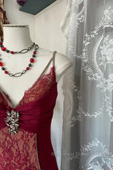 Wine Red Mermaid Straps Sweetheart Party Dress, Wine Red Lace Semi Formal Prom Dress